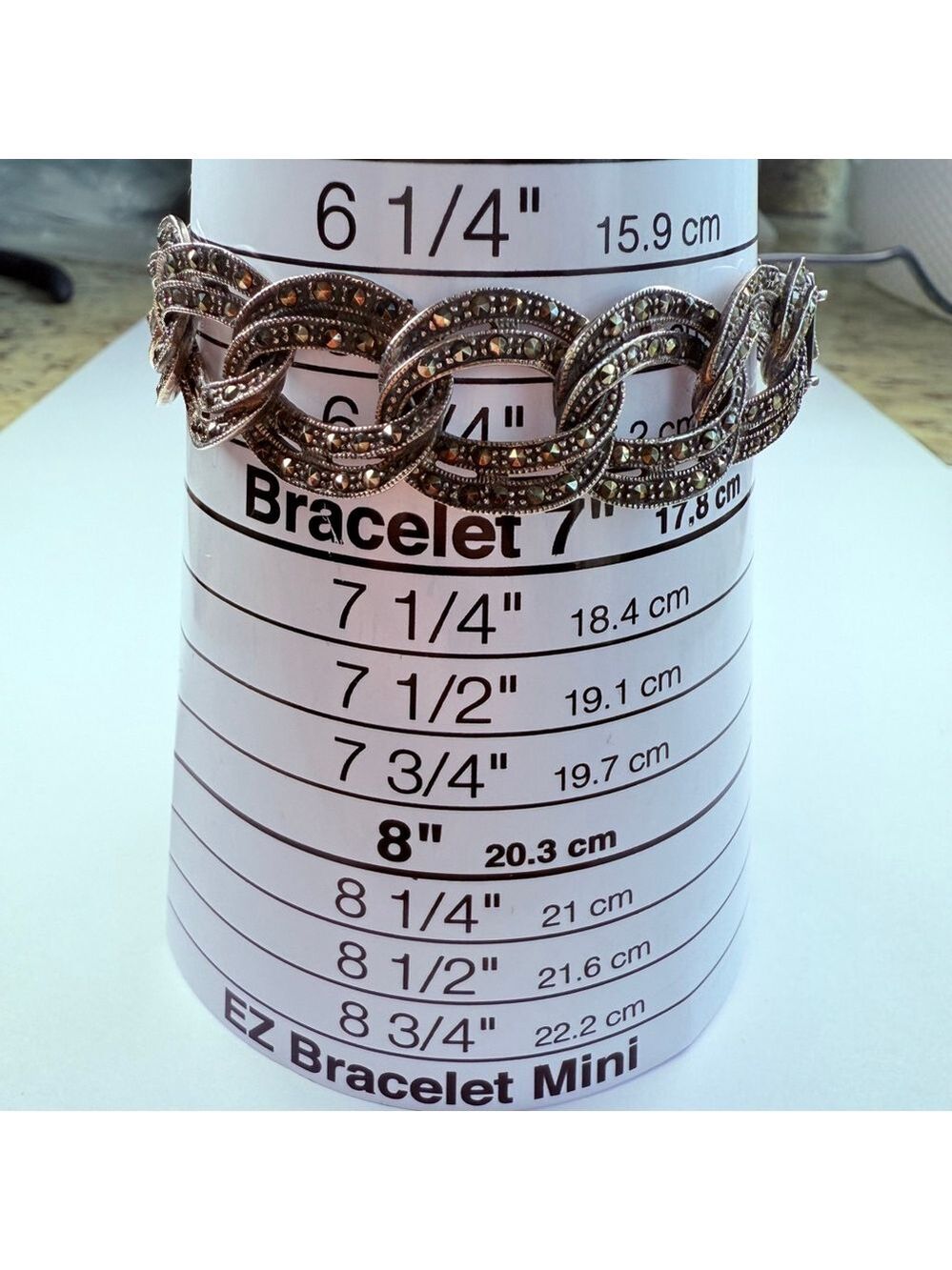 Vintage Large Marcasite 16mm Flat Curb Chain Link Sterling Silver 925 Bracelet - Picture 8 of 10